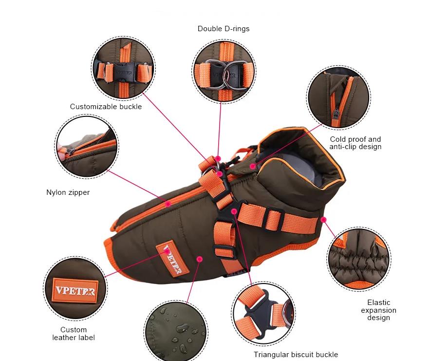 Hundemantel Winter Wasserdicht mit Geschirr Kleine -Mittlere Hunde Braun-Orange