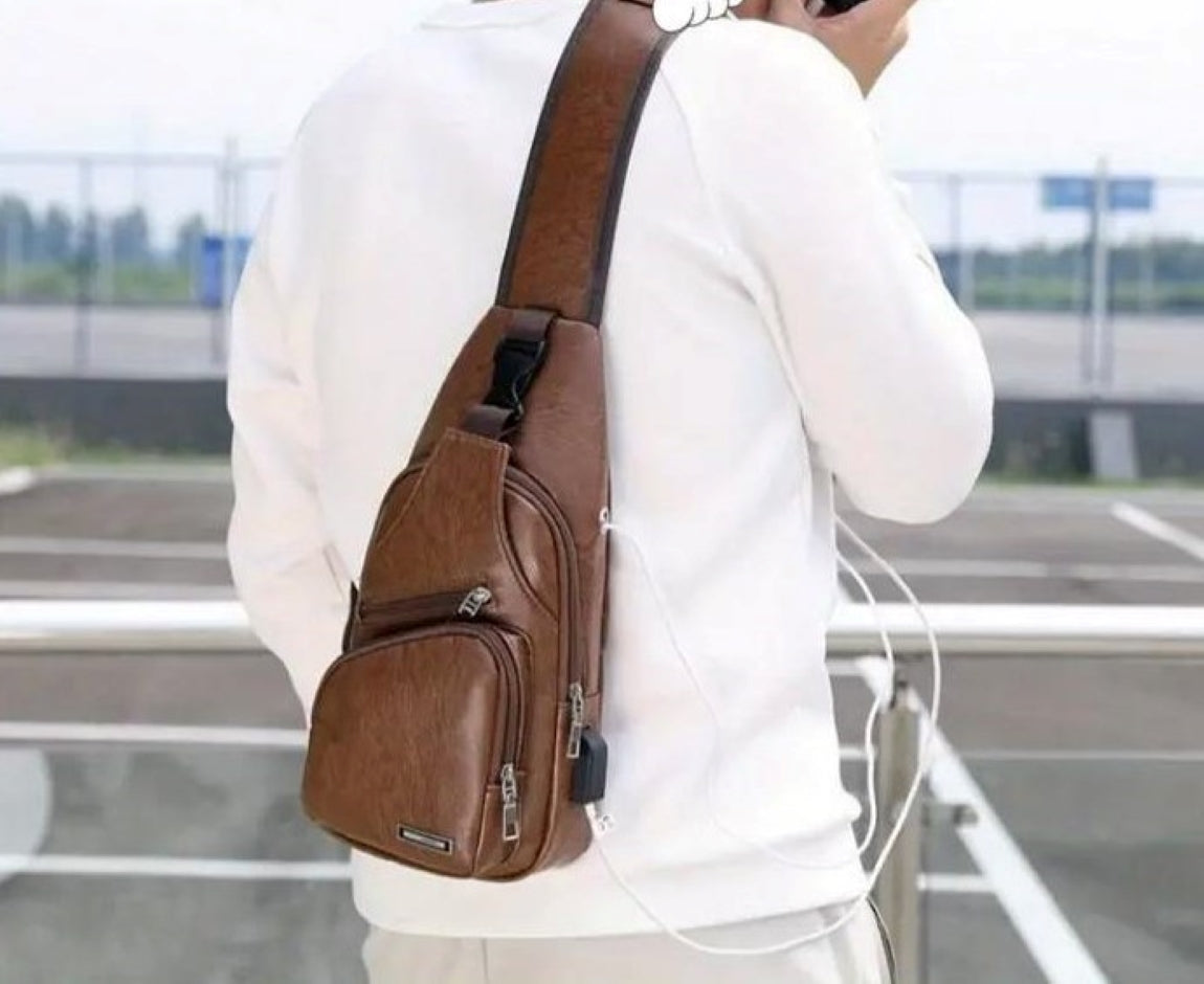Schultertasche Sling Bag Crossover Rucksack mit USB Kunstleder
